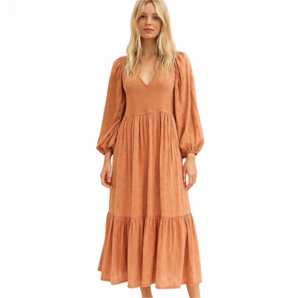 Old Navy Warm Hickory Smocked Prairie Midi Dress Puff Sleeve Boho‎ Sz M